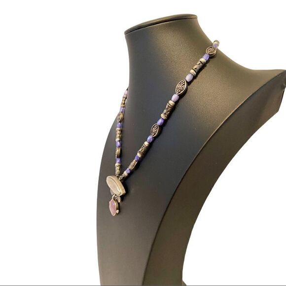 Chico’s. Boho Style Brushed Nickel & Purple Beaded Pendant Necklace. - Picture 2 of 5